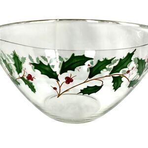 Arcoroc France Christmas Clear Holly Berries Vintage 9" Serving Bowl-Nice!